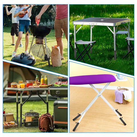 Heavy Duty Steel Table Risers Four Pack With Dual Height Adjustable Leg Extenders For Ergonomic Desk Setup shown in a picnic setting.