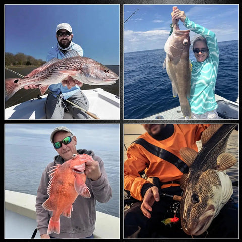 Anglers showcasing catches, demonstrating the use of 25 Piece Treble Hooks Set High Carbon Steel Ultra Sharp For Saltwater And Freshwater Fishing Lures Replacement Pro Grade Bass Trout Angling Hooks With Three Curved Points For Higher Hook Up Rates.
