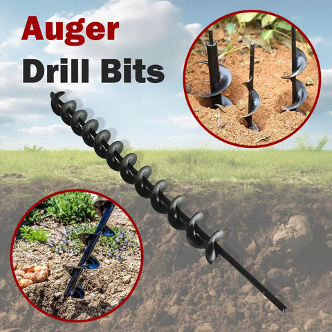 24 Inch Earth Auger Bit With 8mm Hex Shank displayed in use for yard and garden planting, shown in soil with close-up details.