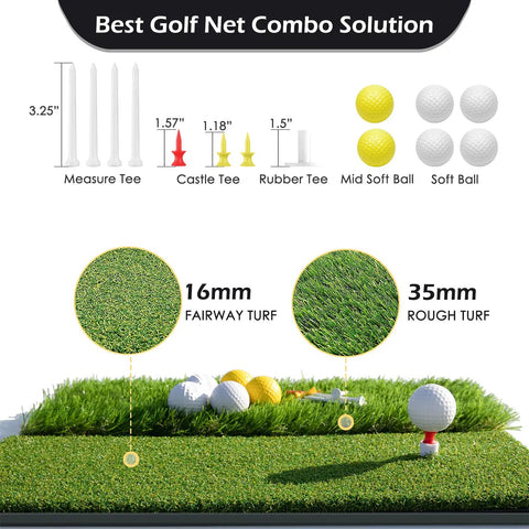 Golf Practice Net Set 10x7ft Heavy Duty Net With Mat Target Cloth 6 Balls 8 Tees Rubber Tee And Carry Bag components detail
