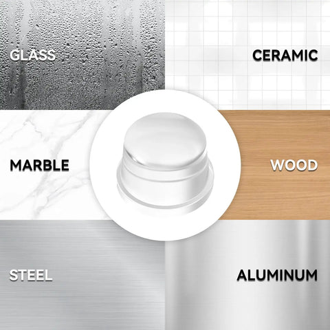 Heavy Duty Clear Silicone Door Stoppers Built Like A Tank With Solid One Inch Base on various surfaces like glass, marble, and wood.
