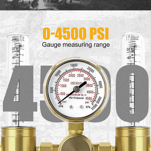 Dual Output Argon and CO2 Regulator Flowmeter for TIG and MIG Welders, 60 SFCH, with easy-to-read bottle gauge showing 0-4500 PSI