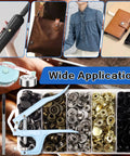 Heavy Duty Snap Fastener Kit 125 Sets In Five Colors For Canvas Tarps Bags Jeans And Boat Covers Durable Stainless Steel 15mm Snap Buttons With Easy Mounting Tools For Quick DIY Install And Repairs shown with various applications and tools.