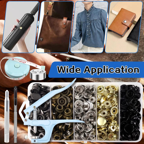 Heavy Duty Snap Fastener Kit 125 Sets In Five Colors For Canvas Tarps Bags Jeans And Boat Covers Durable Stainless Steel 15mm Snap Buttons With Easy Mounting Tools For Quick DIY Install And Repairs shown with various applications and tools.