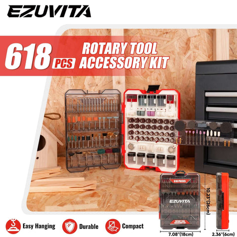 EZUVITA 618-piece rotary tool accessory kit with red storage case; universal fit for Dremel tools, polishing, sanding, cutting