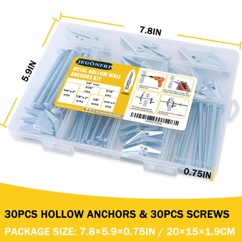 Heavy Duty Toggle Bolts For Drywall Hollow Wall Anchors Kit With Driver Bit, 30 Sets in transparent package, 3 sizes visible