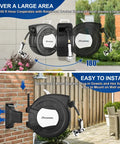 100 Ft 1/2 Inch Retractable Garden Hose Reel With Auto Rewind, Wall Mount Enclosed Storage, 180-degree pivot bracket installation