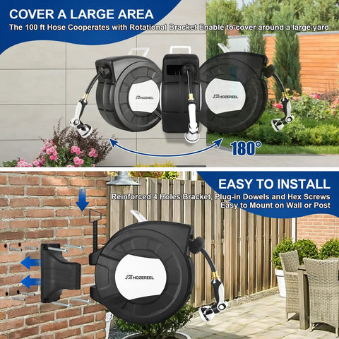 100 Ft 1/2 Inch Retractable Garden Hose Reel With Auto Rewind, Wall Mount Enclosed Storage, 180-degree pivot bracket installation