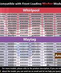 Compatibility chart for No Sweat Dryer And Washer Door Hinge Replacement Part for Whirlpool, Maytag, Amana front load models.