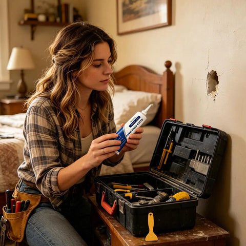 Woman holding a Fast Dry Wall Repair Putty Kit 250g With Quick Dry Paste For Holes Cracks And Dents DIY tool kit in a room.