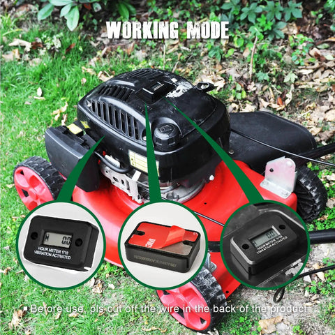 Vibration Hour Meter With IP68 Waterproof Case, Wireless Operation And Maintenance Reminder For Gas And Diesel Engines, Tracks Total Hours With Easy Install LCD Readout, Built For Harsh Environments on a lawn mower