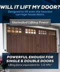 Image of garage with wood doors showing strength of Overhead Garage Door Opener With Heavy Duty Chain Drive For Single Or Double Doors
