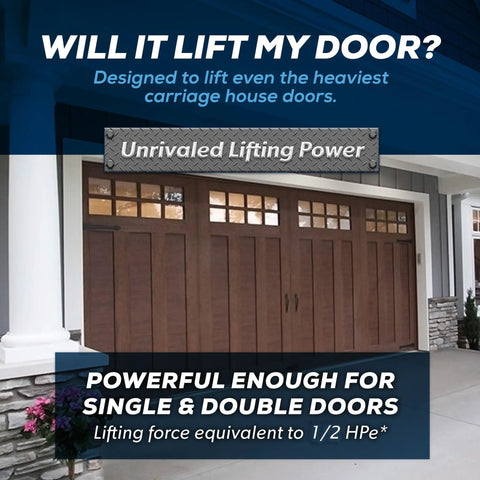Image of garage with wood doors showing strength of Overhead Garage Door Opener With Heavy Duty Chain Drive For Single Or Double Doors