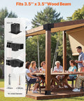 Killer Quality Carbon Steel Pergola Brackets Made To Fit 4x4 Wood Posts Like A Champ With Solid 3 Way Slanted Hardware Plus Rugged Screws And Base Plates For Backyard Deck Builds, showcasing brackets mounted on 3.5x3.5 inch wood beams.