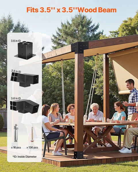 Killer Quality Carbon Steel Pergola Brackets Made To Fit 4x4 Wood Posts Like A Champ With Solid 3 Way Slanted Hardware Plus Rugged Screws And Base Plates For Backyard Deck Builds, showcasing brackets mounted on 3.5x3.5 inch wood beams.