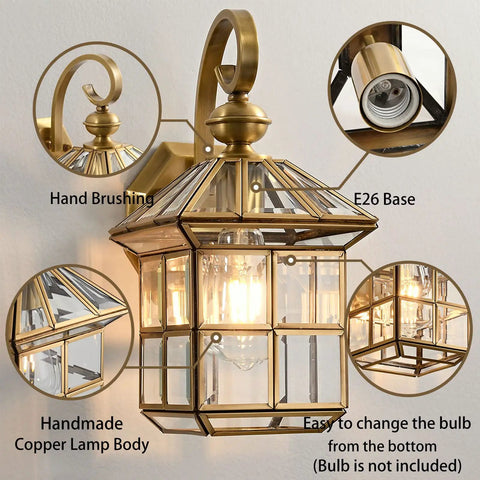 Durable Copper Brass Outdoor Wall Lantern With Clear Glass Weatherproof Exterior Fixture Anti Rust Finish E26 Socket
