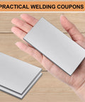 Hand holding 24 Pcs Welding Coupons 2x4 Inch 11 Gauge Mild Steel Plates Kit for MIG TIG Stick ARC Gas and Brazing Practice
