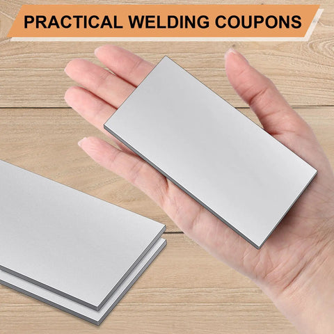 Hand holding 24 Pcs Welding Coupons 2x4 Inch 11 Gauge Mild Steel Plates Kit for MIG TIG Stick ARC Gas and Brazing Practice