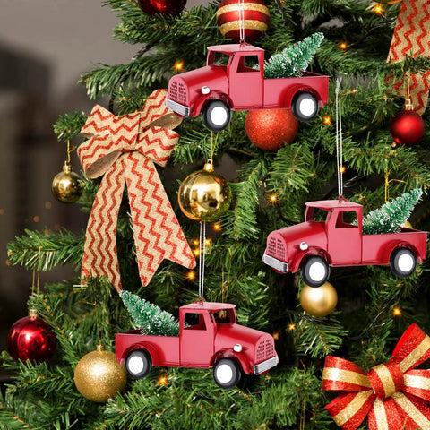 3 Pack Vintage Red Truck Ornaments With Mini Christmas Trees Handcrafted Metal Car Model Holiday Decor hanging on a tree