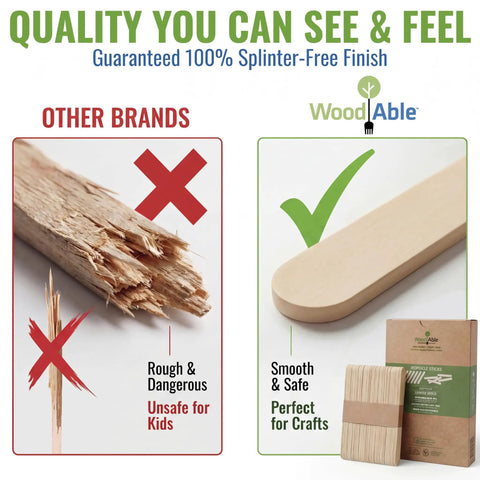 Comparison of splintered wood versus smooth poplar showing the quality of Top Shelf Bulk 300 Count Natural Wood Craft Sticks Measuring 4.5 Inches Long Featuring A Splinter Free Finish For Hassle Free Weekend Builds Ready To Go.