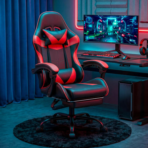 Ergonomic Gaming Chair With Footrest And Lumbar Support, Height Adjustable Office Chair With 360 Degree Swivel And Padded Headrest, Red And Black Color For Long Gaming Sessions, Pro Grade Comfort And Posture Support shown in gaming setup