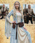 Solid Brown Viking Pirate Belt Pouch Set Of Four Legit Saddlebag Waist Bags Featuring Dang Cool Vintage Closure For Renaissance Cosplay Larp Gatherings And Everyday Carry Adventures worn by a model in a blue dress.