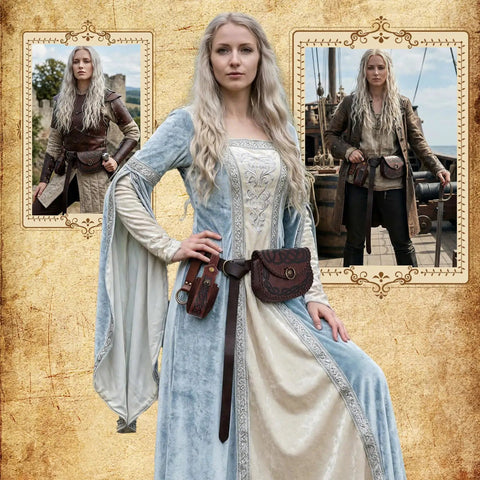 Solid Brown Viking Pirate Belt Pouch Set Of Four Legit Saddlebag Waist Bags Featuring Dang Cool Vintage Closure For Renaissance Cosplay Larp Gatherings And Everyday Carry Adventures worn by a model in a blue dress.