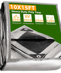 10x15 ft Heavy Duty Poly Tarp folded with waterproof, UV resistance, dustproof icons visible