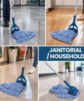 Top Notch Heavy Duty Mop Kit Featuring Six Massive Cotton Replacement Heads And Two Rock Solid Handles cleaning hard floors.