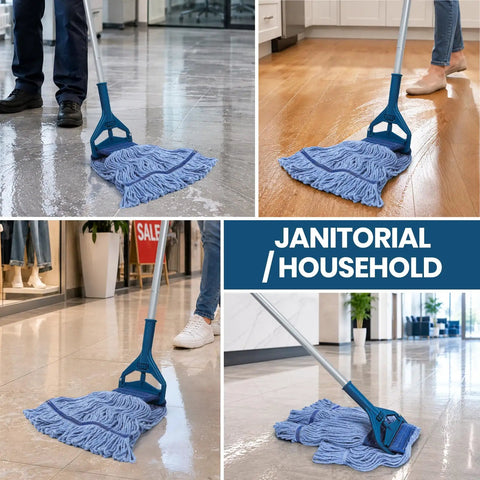 Top Notch Heavy Duty Mop Kit Featuring Six Massive Cotton Replacement Heads And Two Rock Solid Handles cleaning hard floors.