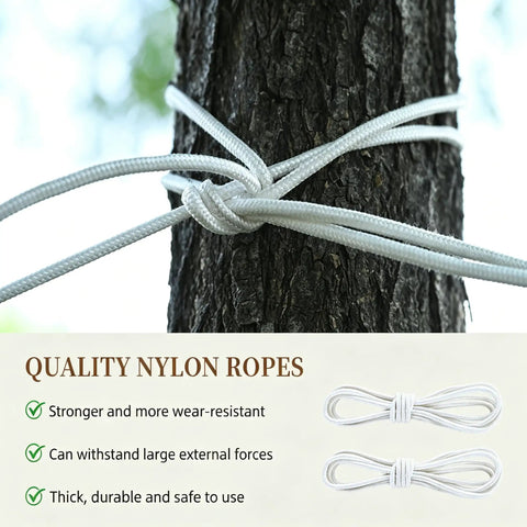 Two Person Portable Camping Hammock Bed With Anti Roll Balance Beam And Tree Straps, tree strap tied around tree trunk