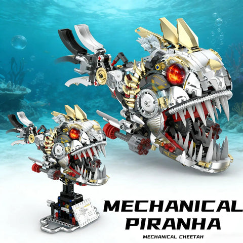 Mechanical Piranha Building Set With Multi Joint Linkage Fish That Works With Lego Animal Bricks Dope For Book Shelves Or Home Office Decor STEM Ocean Creature Toy For Boys Age 8 Plus Creative Gift For Fish Lovers, mechanical piranha model on stand