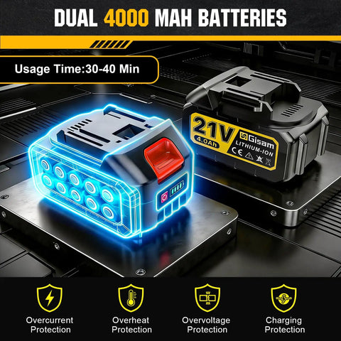 Dual 4000 mAh batteries for cordless HVLP paint sprayer, featuring lithium-ion protection for extended usage.