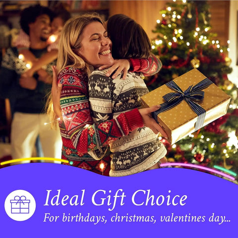 People celebrating Christmas by a tree, exchanging gifts. Text overlay: Ideal Gift Choice for birthdays, Christmas, Valentine's Day.