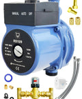 Instant Hot Water Recirculating Pump Kit For Standard Tank Heaters features a blue pump with brass connectors and hardware accessories.