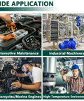 Collage showing wide application of oil drain plug gasket kit for automotive maintenance, industrial machinery, marine engines, high-temp environments
