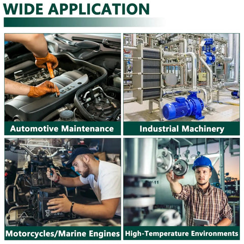 Collage showing wide application of oil drain plug gasket kit for automotive maintenance, industrial machinery, marine engines, high-temp environments