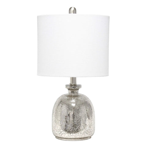 Textured Glass Table Lamp With Clear Blue Dome Base And White Fabric Drum Shade, Easy Rotary Socket Switch, 11 Inch Diameter By 20 Inch Tall