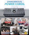 No Drill Under Desk Cable Management Tray With Clamp On Design, showing organized wires and preventing hazards, black steel organizer.