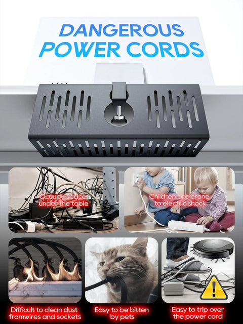 No Drill Under Desk Cable Management Tray With Clamp On Design, showing organized wires and preventing hazards, black steel organizer.