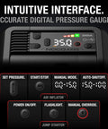 Digital interface of 2000 Amp Jump Starter With Built-In Air Compressor, showing pressure gauge and control buttons.