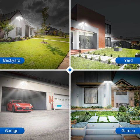 Hardwired Outdoor LED Motion Sensor Lights With Dusk To Dawn 3600 Lumens illuminating yard, garden, garage, and backyard