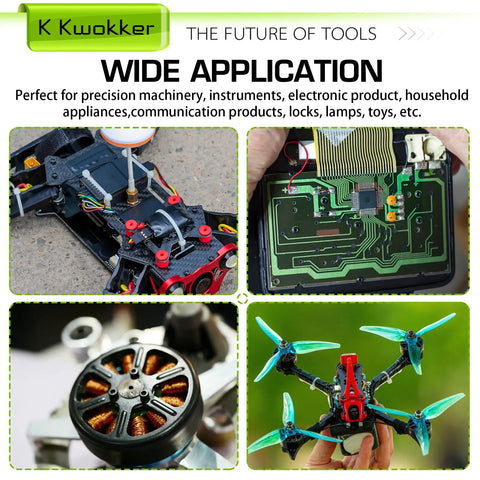 Collage showing M2 Screw Kit 4mm To 40mm Assortment used in RC car, circuit board, motor, and drone.
