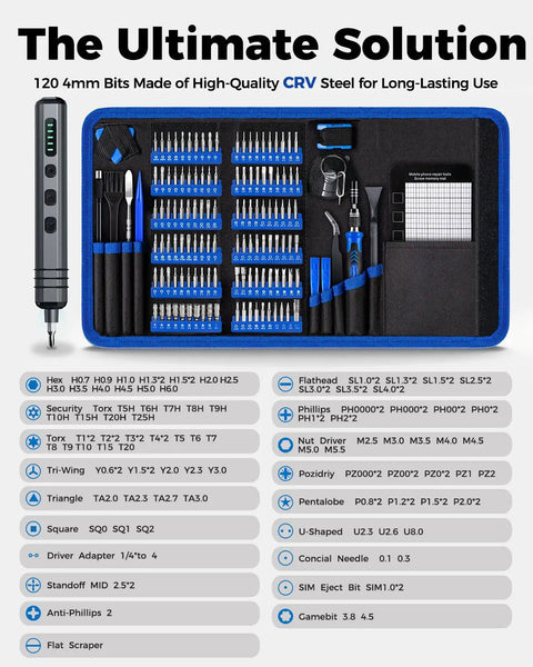 Mini Electric Screwdriver Set 140-In-1 for DIY Pros with case, 120 bits, LED light, and tools, open display.