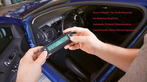Hands holding SG2 Ultra Compact 3 In 1 Automotive Computer With Real Time Fuel Economy Gauges near car dashboard
