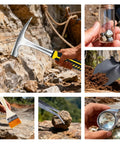 Collage showing Geology Rock Hammer Kit 25 Piece Set With Pro Grade Chisels Folding Shovel Safety Gear Gold Panning Accessories.
