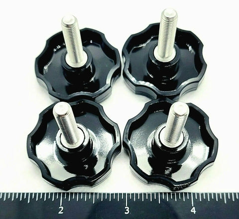 Rock Solid Quarter Inch Twenty Eight Fine Thread Clamping Thumb Screws With Slick Black Knurled Grip And Hex Head Made From Hella Tough 304 Stainless Steel For Zero Hassle Quick Adjust No Wrench Needed Everyday Use Four Pack Hardware - close-up view of four thumb screws with knurled grips.