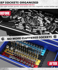 Heavy Duty Magnetic Socket Organizer Set With 360 Degree Swivel Clips Aluminum Socket Rack Kit showing organized sockets