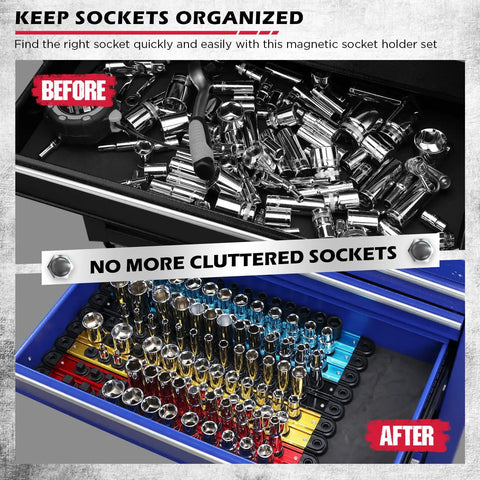 Heavy Duty Magnetic Socket Organizer Set With 360 Degree Swivel Clips Aluminum Socket Rack Kit showing organized sockets