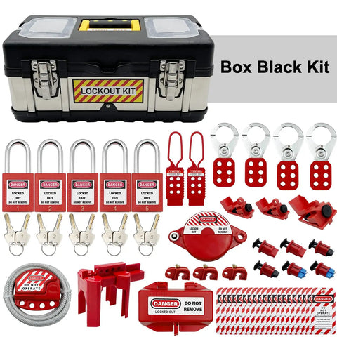 2 In 1 Lockout Tagout Kit For Electrical Safety Includes Clamp On Circuit Breaker Lockouts Universal Multi Pole Breaker Hasps Tags Heavy Duty Padlocks Plugs Cables And Valves A Pro Grade OSHA Compliant Worksite Lockout Solution with toolbox, keys, and safety tags.